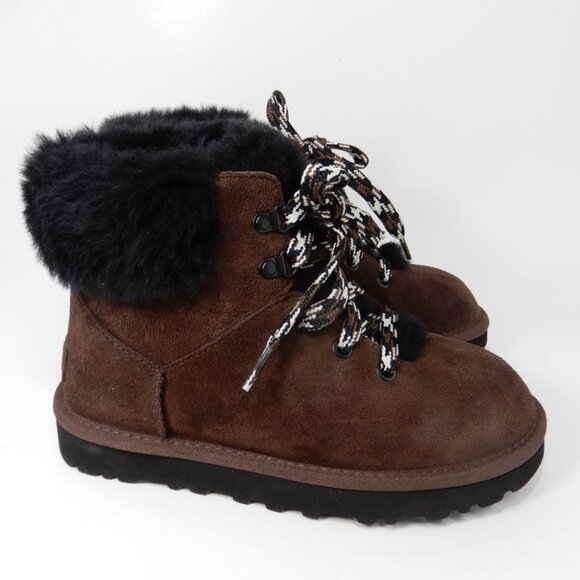 UGG Classic Mini Alpine Lace Up Booties Boots Size 5 Brown Suede Shearling NEW - Picture 1 of 10